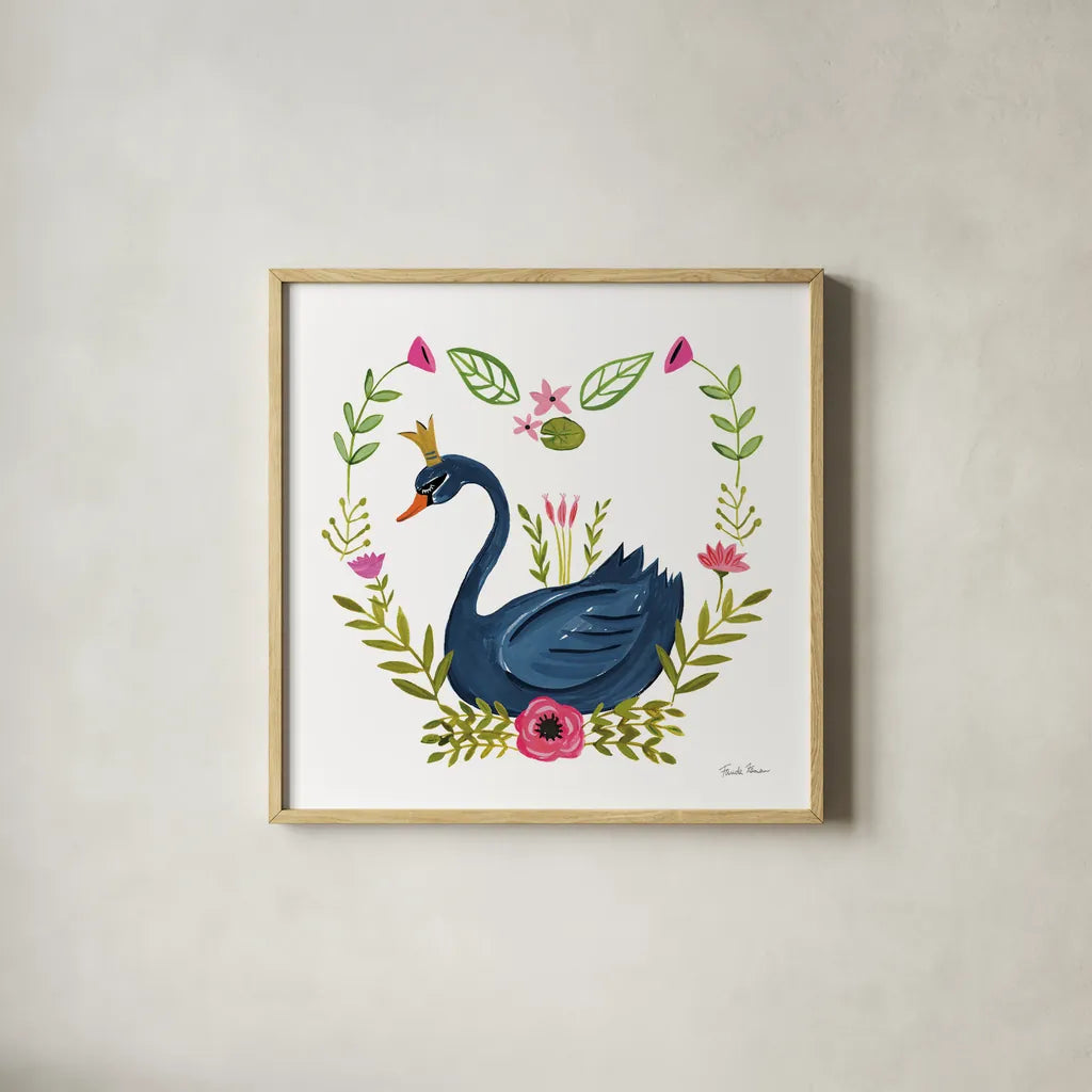Swan Love II v2 by Farida Zaman. Shown in a natural wood glass frame for a timeless modern aesthetic. Available as an archival giclee rolled canvas, fine art paper, or poster print. SKU 45899a.