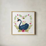 Swan Love II v2 by Farida Zaman. Shown in a natural wood glass frame for a timeless modern aesthetic. Available as an archival giclee rolled canvas, fine art paper, or poster print. SKU 45899a.