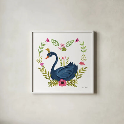 Swan Love II v2 by Farida Zaman. Shown in a crisp white glass frame for a clean and minimalist style. Available as an archival giclee rolled canvas, fine art paper, or poster print. SKU 45899a.