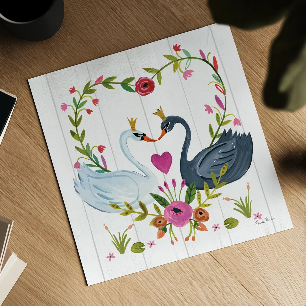 Swan Love III by Farida Zaman. Shown as a detailed flat fine art print, highlighting archival giclee quality. Available as an archival giclee rolled canvas, fine art paper, or poster print. SKU 38749a.
