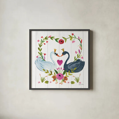 Swan Love III by Farida Zaman. Shown in a sleek black glass frame for a contemporary gallery look. Available as an archival giclee rolled canvas, fine art paper, or poster print. SKU 38749a.