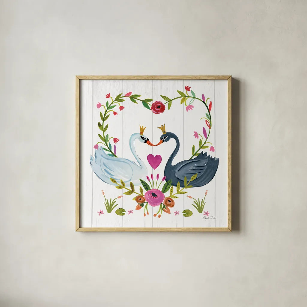 Swan Love III by Farida Zaman. Shown in a natural wood glass frame for a timeless modern aesthetic. Available as an archival giclee rolled canvas, fine art paper, or poster print. SKU 38749a.