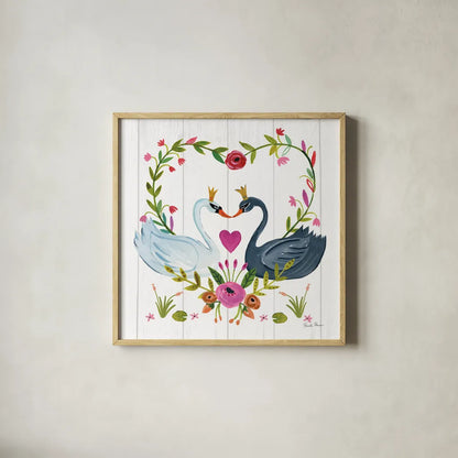 Swan Love III by Farida Zaman. Shown in a natural wood glass frame for a timeless modern aesthetic. Available as an archival giclee rolled canvas, fine art paper, or poster print. SKU 38749a.