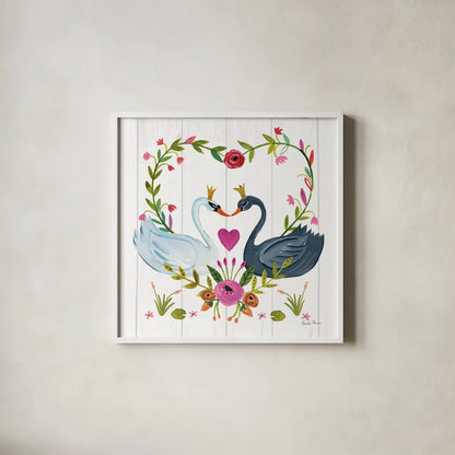 Swan Love III by Farida Zaman. Shown in a crisp white glass frame for a clean and minimalist style. Available as an archival giclee rolled canvas, fine art paper, or poster print. SKU 38749a.