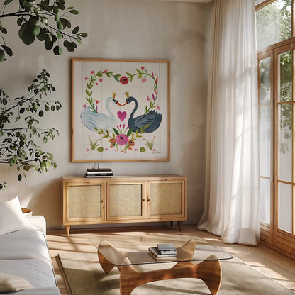 Swan Love III by Farida Zaman. Shown in a natural wood frame in a cozy modern living room. Available as an archival giclee rolled canvas, fine art paper, or poster print. SKU 38749a.