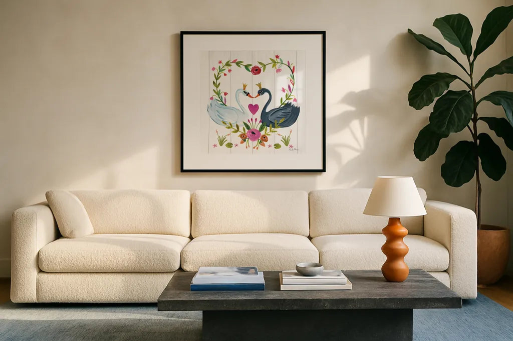Swan Love III by Farida Zaman. Displayed in a glass frame with matte in a clean modern living room. Available as an archival giclee rolled canvas, fine art paper, or poster print. SKU 38749a.