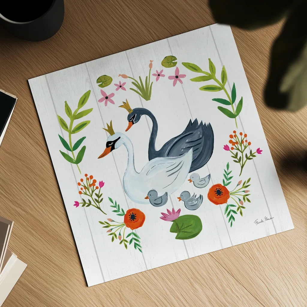 Swan Love IV by Farida Zaman. Shown as a detailed flat fine art print, highlighting archival giclee quality. Available as an archival giclee rolled canvas, fine art paper, or poster print. SKU 38750a.