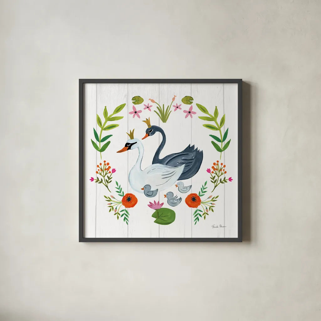 Swan Love IV by Farida Zaman. Shown in a sleek black glass frame for a contemporary gallery look. Available as an archival giclee rolled canvas, fine art paper, or poster print. SKU 38750a.