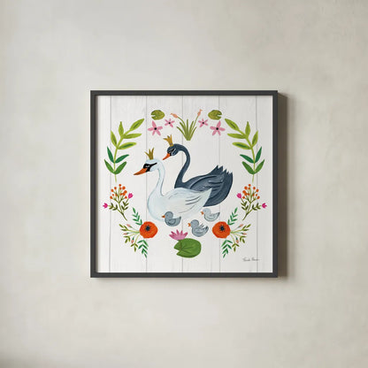 Swan Love IV by Farida Zaman. Shown in a sleek black glass frame for a contemporary gallery look. Available as an archival giclee rolled canvas, fine art paper, or poster print. SKU 38750a.