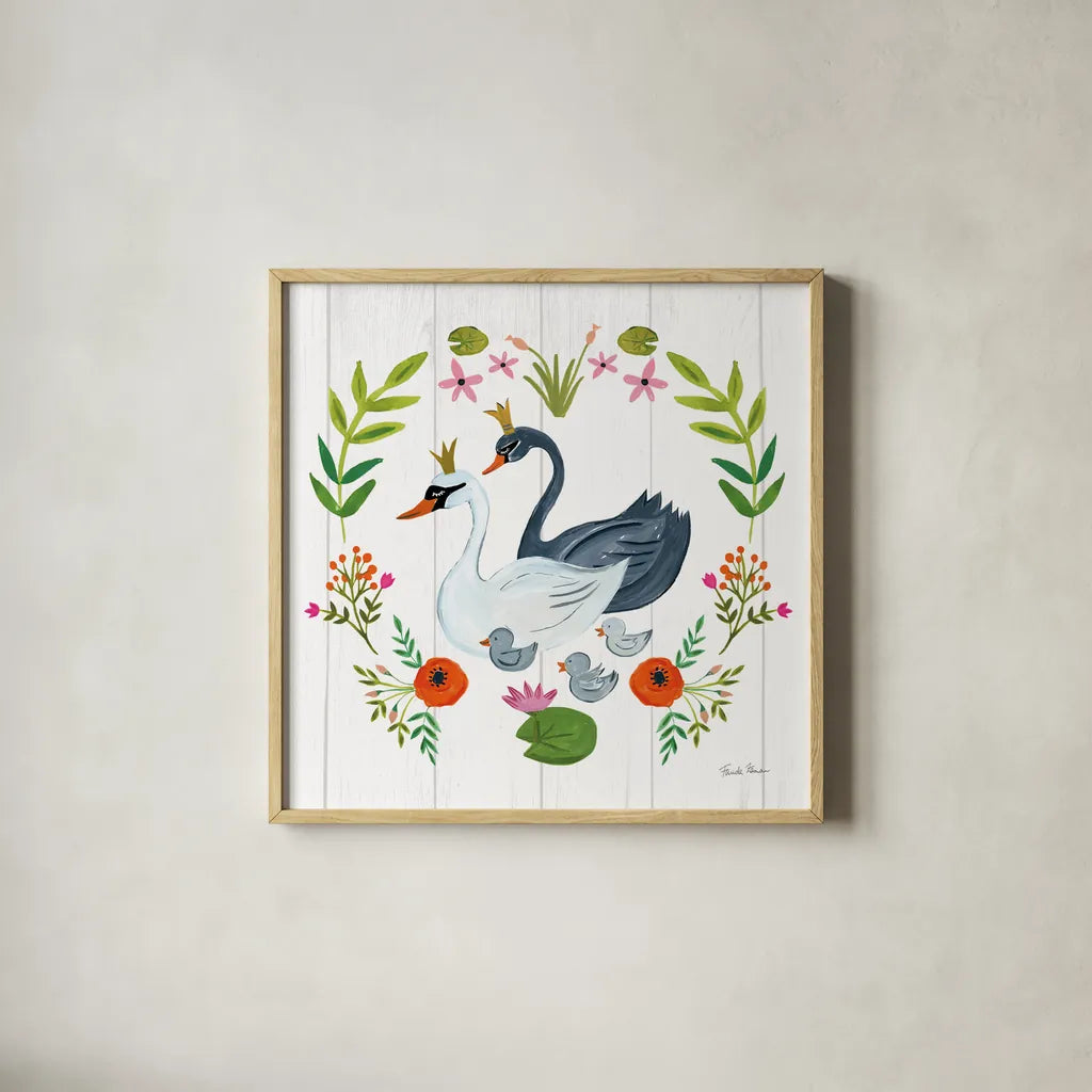 Swan Love IV by Farida Zaman. Shown in a natural wood glass frame for a timeless modern aesthetic. Available as an archival giclee rolled canvas, fine art paper, or poster print. SKU 38750a.