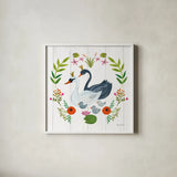 Swan Love IV by Farida Zaman. Shown in a crisp white glass frame for a clean and minimalist style. Available as an archival giclee rolled canvas, fine art paper, or poster print. SKU 38750a.