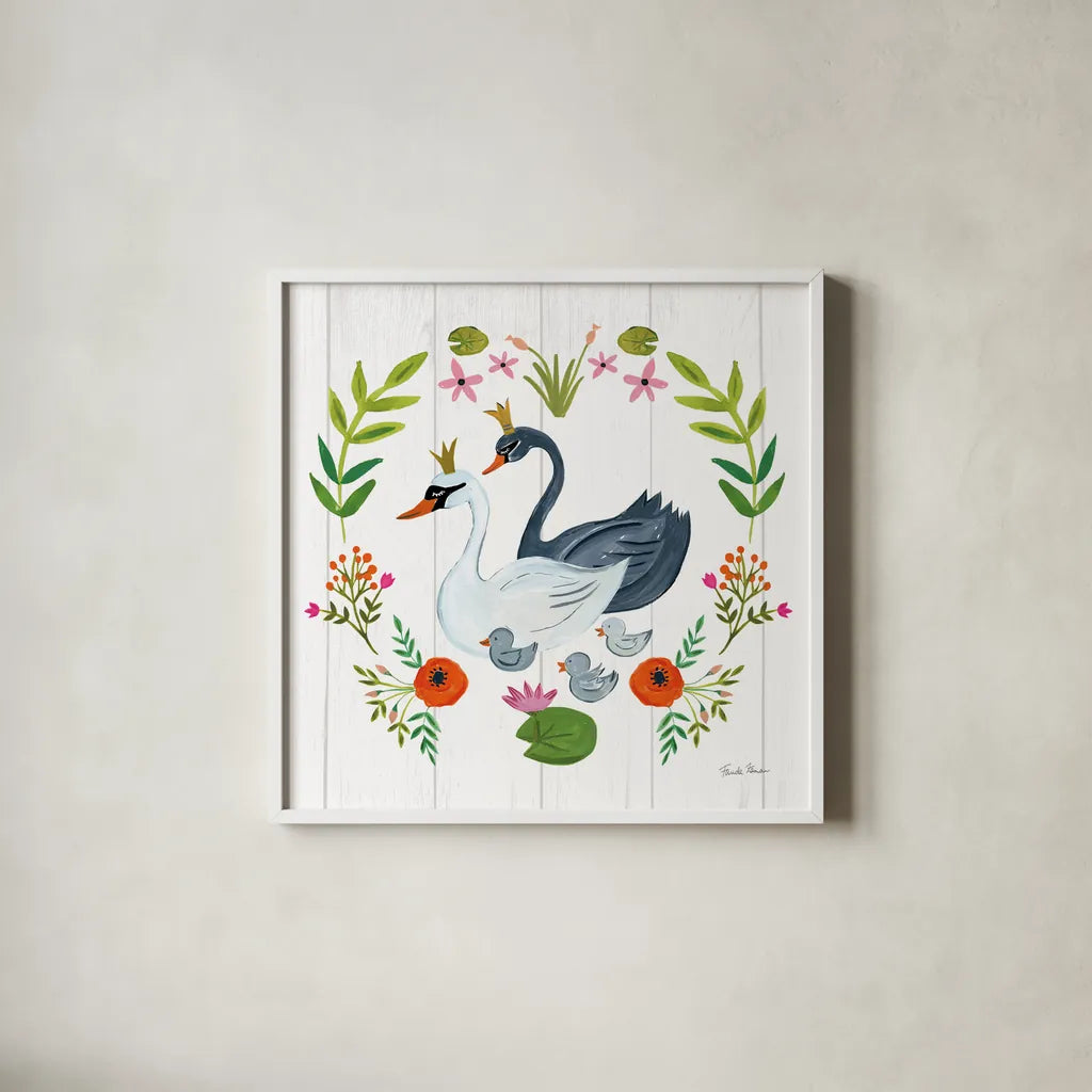 Swan Love IV by Farida Zaman. Shown in a crisp white glass frame for a clean and minimalist style. Available as an archival giclee rolled canvas, fine art paper, or poster print. SKU 38750a.