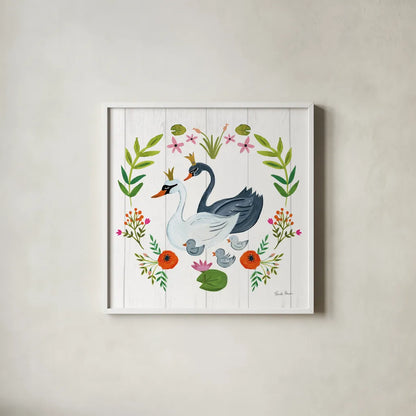 Swan Love IV by Farida Zaman. Shown in a crisp white glass frame for a clean and minimalist style. Available as an archival giclee rolled canvas, fine art paper, or poster print. SKU 38750a.