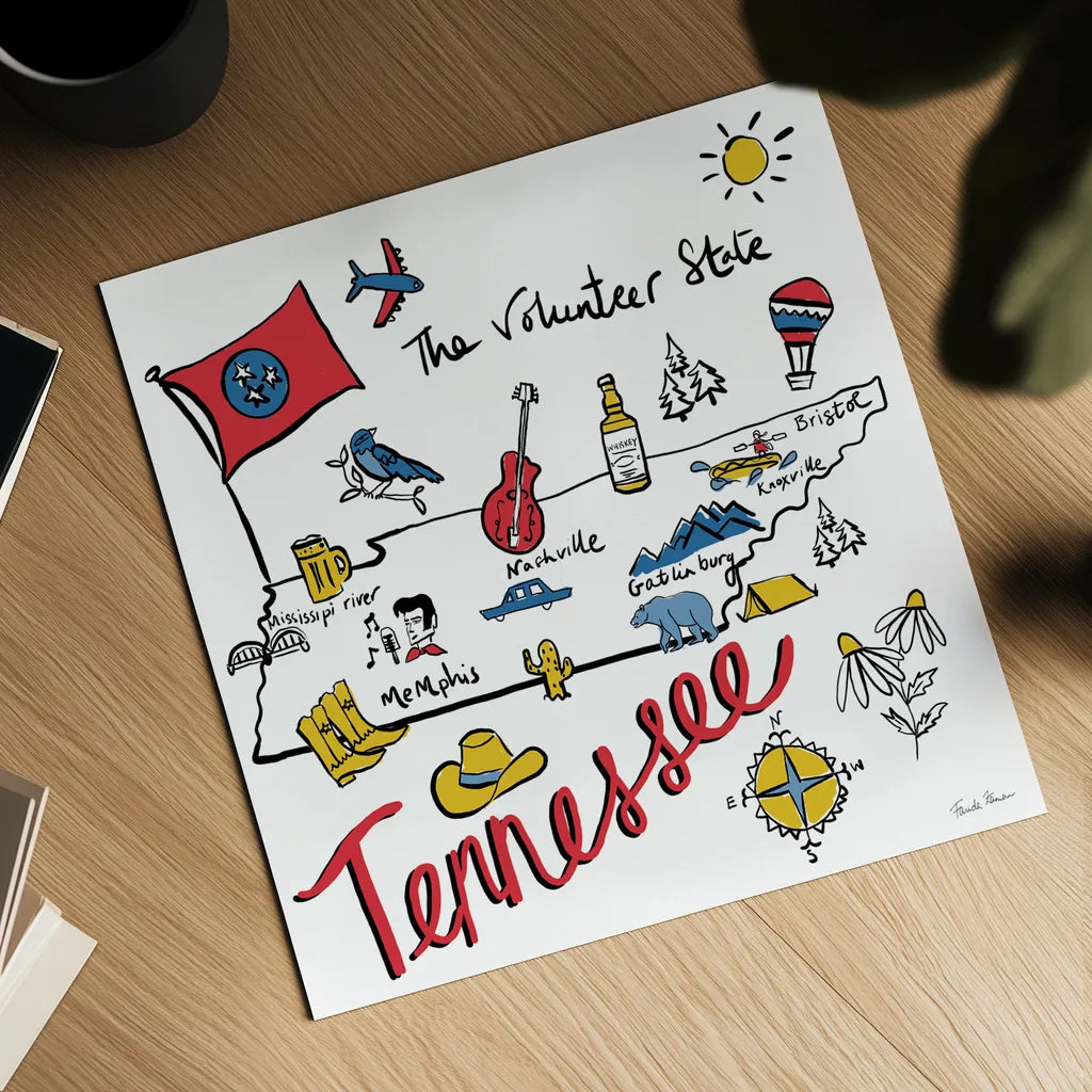 Tennessee by Farida Zaman. Shown as a detailed flat fine art print, highlighting archival giclee quality. Available as an archival giclee rolled canvas, fine art paper, or poster print. SKU 87831a.