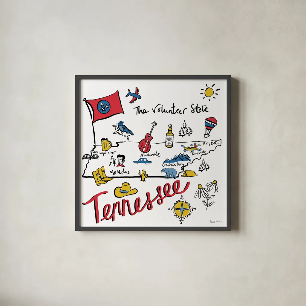 Tennessee by Farida Zaman. Shown in a sleek black glass frame for a contemporary gallery look. Available as an archival giclee rolled canvas, fine art paper, or poster print. SKU 87831a.