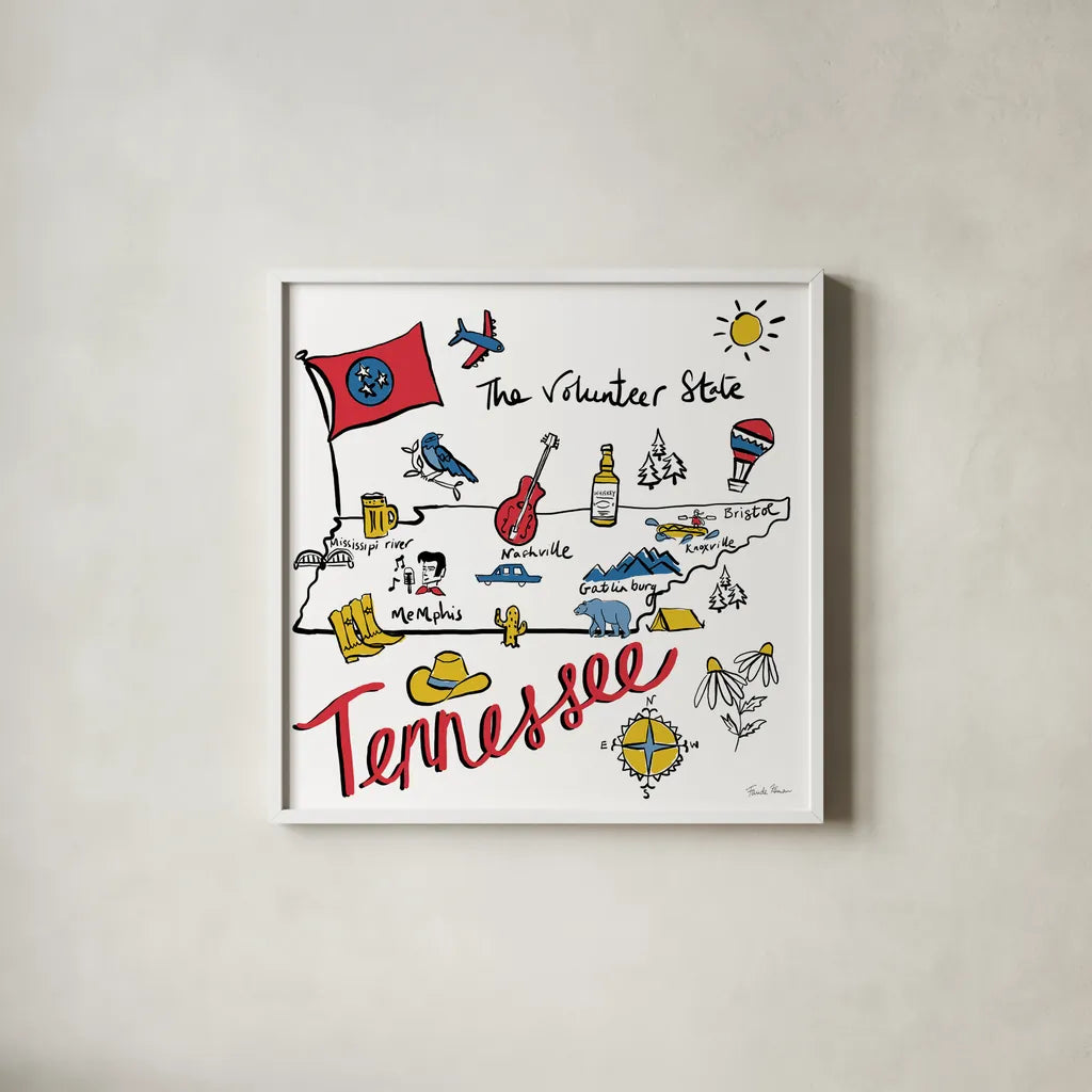 Tennessee by Farida Zaman. Shown in a crisp white glass frame for a clean and minimalist style. Available as an archival giclee rolled canvas, fine art paper, or poster print. SKU 87831a.