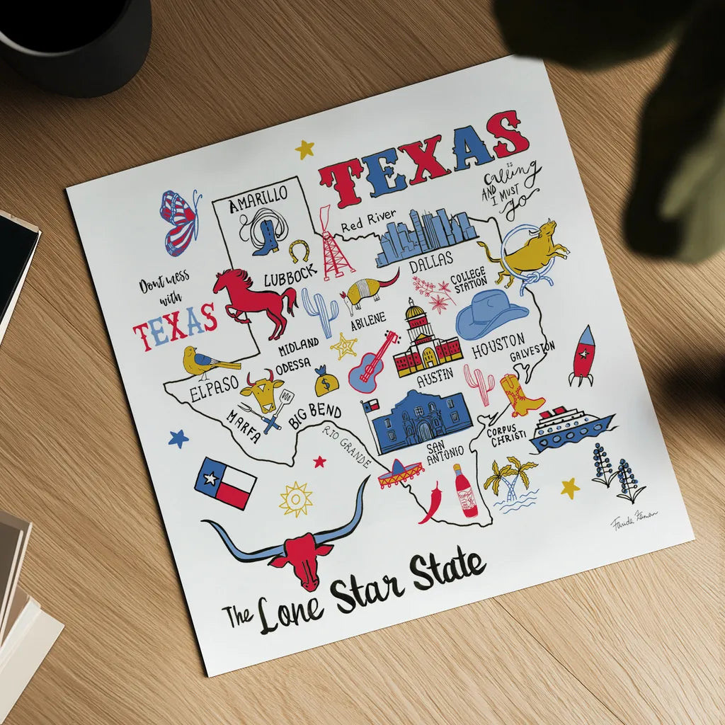 Texas by Farida Zaman. Shown as a detailed flat fine art print, highlighting archival giclee quality. Available as an archival giclee rolled canvas, fine art paper, or poster print. SKU 61530a.