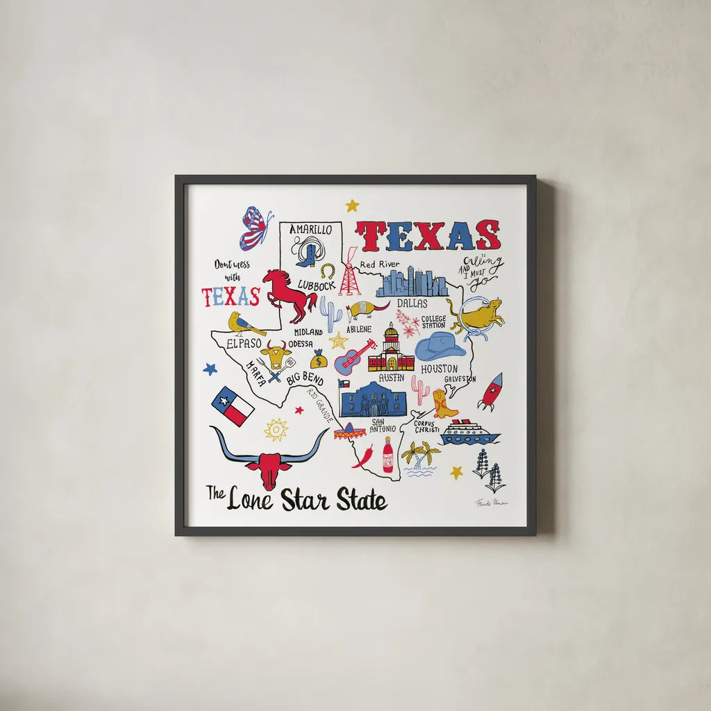 Texas by Farida Zaman. Shown in a sleek black glass frame for a contemporary gallery look. Available as an archival giclee rolled canvas, fine art paper, or poster print. SKU 61530a.