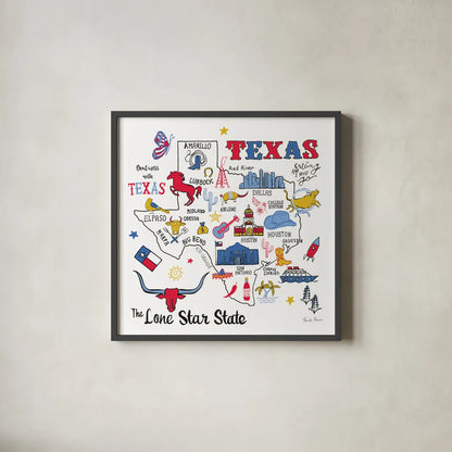 Texas by Farida Zaman. Shown in a sleek black glass frame for a contemporary gallery look. Available as an archival giclee rolled canvas, fine art paper, or poster print. SKU 61530a.