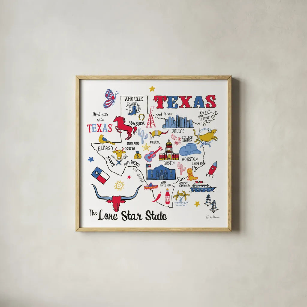 Texas by Farida Zaman. Shown in a natural wood glass frame for a timeless modern aesthetic. Available as an archival giclee rolled canvas, fine art paper, or poster print. SKU 61530a.