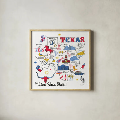 Texas by Farida Zaman. Shown in a natural wood glass frame for a timeless modern aesthetic. Available as an archival giclee rolled canvas, fine art paper, or poster print. SKU 61530a.
