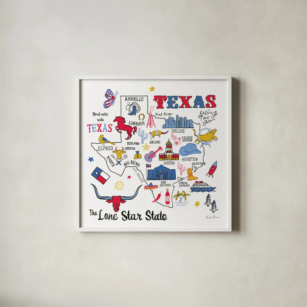 Texas by Farida Zaman. Shown in a crisp white glass frame for a clean and minimalist style. Available as an archival giclee rolled canvas, fine art paper, or poster print. SKU 61530a.