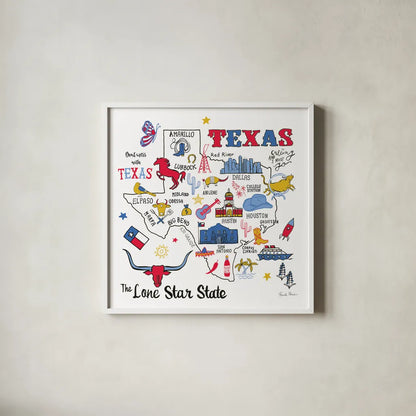 Texas by Farida Zaman. Shown in a crisp white glass frame for a clean and minimalist style. Available as an archival giclee rolled canvas, fine art paper, or poster print. SKU 61530a.