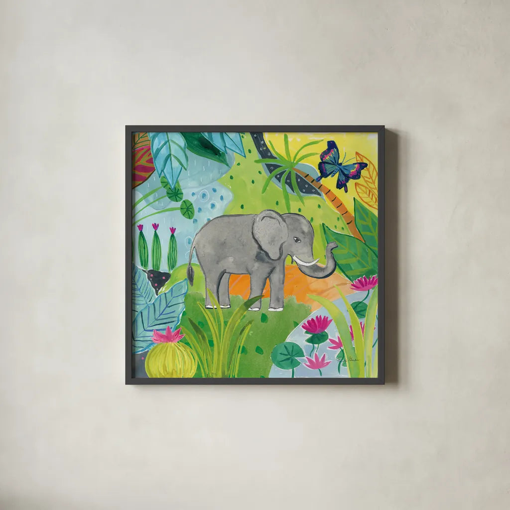 The Big Jungle I by Farida Zaman. Shown in a sleek black glass frame for a contemporary gallery look. Available as an archival giclee rolled canvas, fine art paper, or poster print. SKU 39842a.