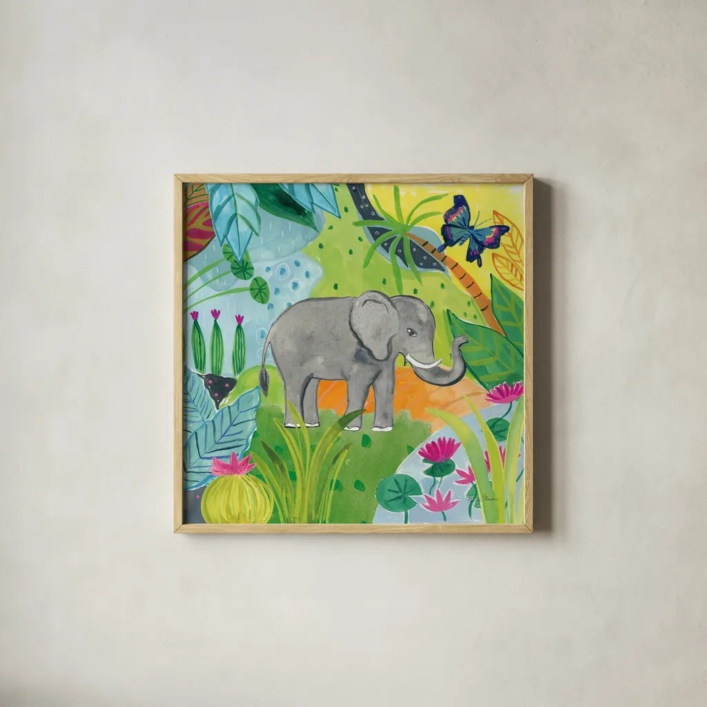The Big Jungle I by Farida Zaman. Shown in a natural wood glass frame for a timeless modern aesthetic. Available as an archival giclee rolled canvas, fine art paper, or poster print. SKU 39842a.