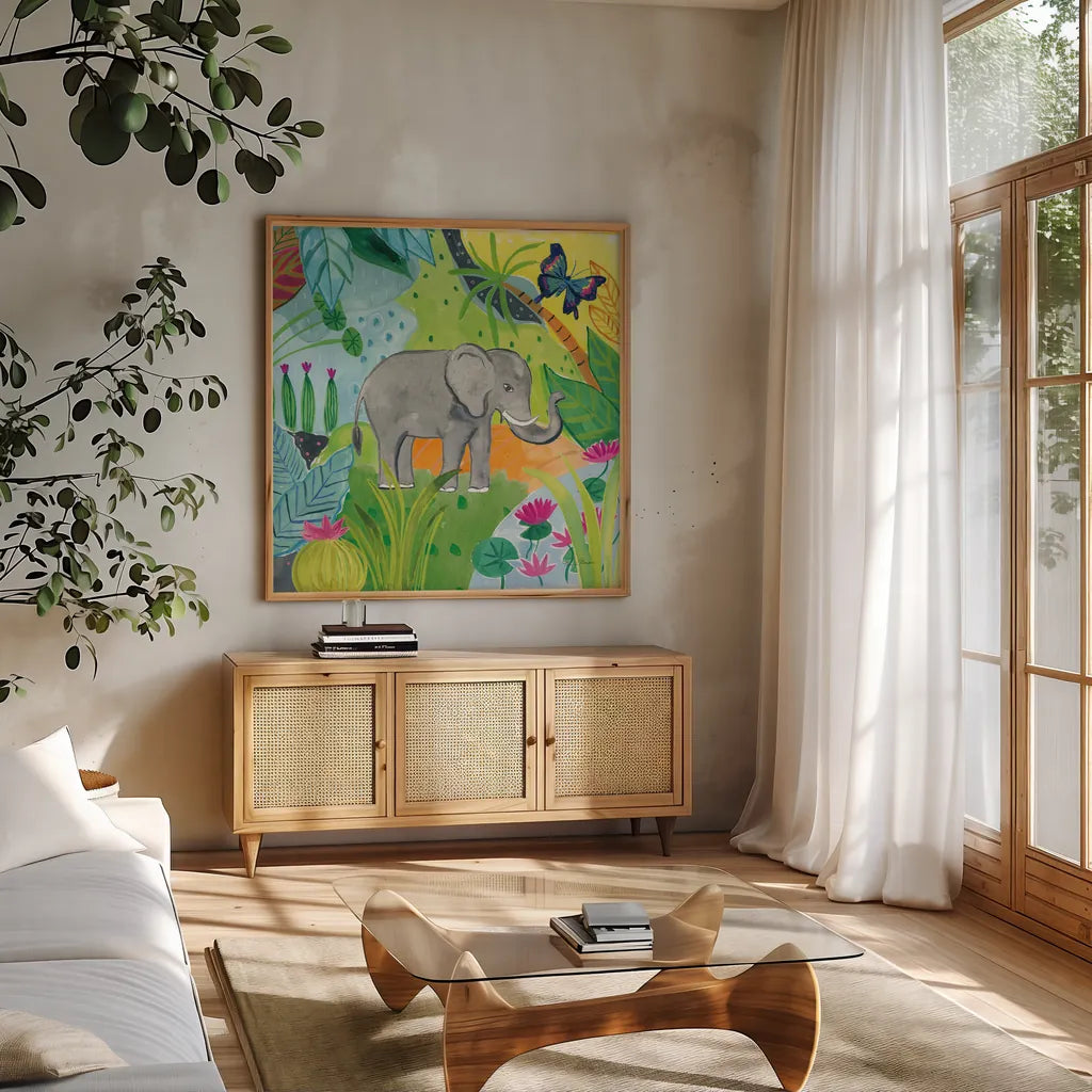 The Big Jungle I by Farida Zaman. Shown in a natural wood frame in a cozy modern living room. Available as an archival giclee rolled canvas, fine art paper, or poster print. SKU 39842a.