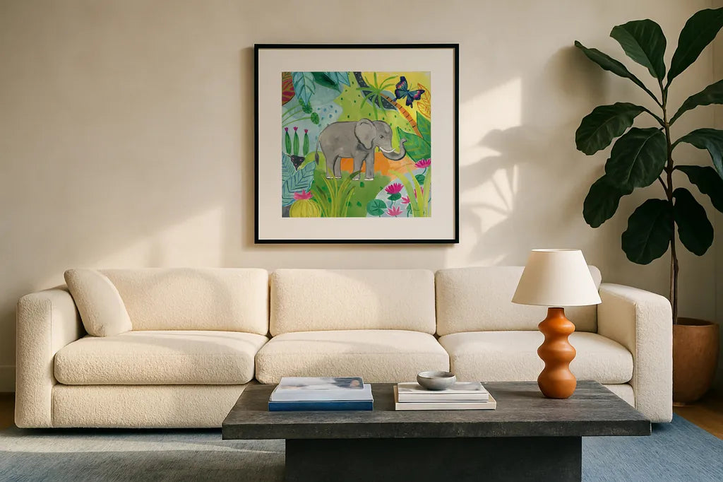The Big Jungle I by Farida Zaman. Displayed in a glass frame with matte in a clean modern living room. Available as an archival giclee rolled canvas, fine art paper, or poster print. SKU 39842a.