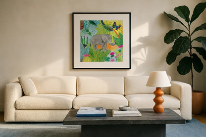 The Big Jungle I by Farida Zaman. Displayed in a glass frame with matte in a clean modern living room. Available as an archival giclee rolled canvas, fine art paper, or poster print. SKU 39842a.