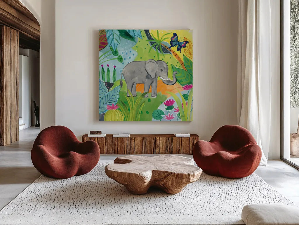 The Big Jungle I by Farida Zaman. Shown as extra-large giant wall art in a modern living room. Available as an archival giclee rolled canvas, fine art paper, or poster print. SKU 39842a.