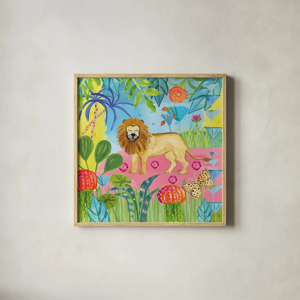 The Big Jungle II by Farida Zaman. Shown in a natural wood glass frame for a timeless modern aesthetic. Available as an archival giclee rolled canvas, fine art paper, or poster print. SKU 39843a.