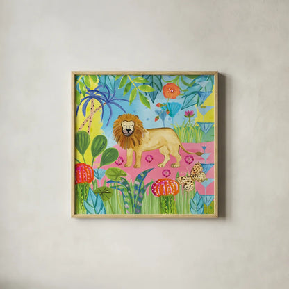 The Big Jungle II by Farida Zaman. Shown in a natural wood glass frame for a timeless modern aesthetic. Available as an archival giclee rolled canvas, fine art paper, or poster print. SKU 39843a.