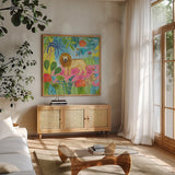 The Big Jungle II by Farida Zaman. Shown in a natural wood frame in a cozy modern living room. Available as an archival giclee rolled canvas, fine art paper, or poster print. SKU 39843a.