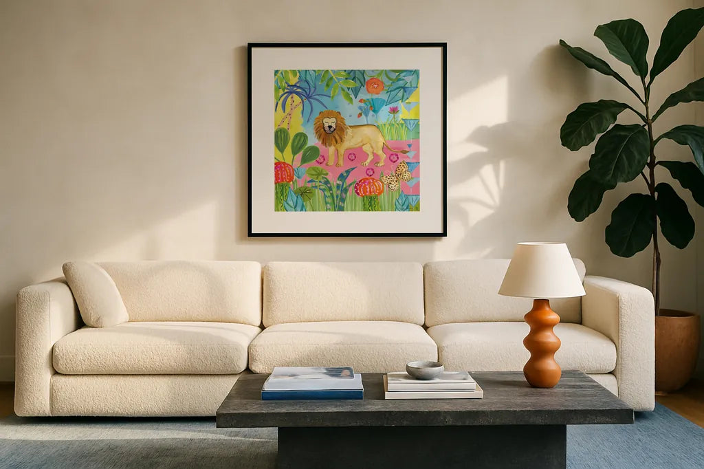 The Big Jungle II by Farida Zaman. Displayed in a glass frame with matte in a clean modern living room. Available as an archival giclee rolled canvas, fine art paper, or poster print. SKU 39843a.