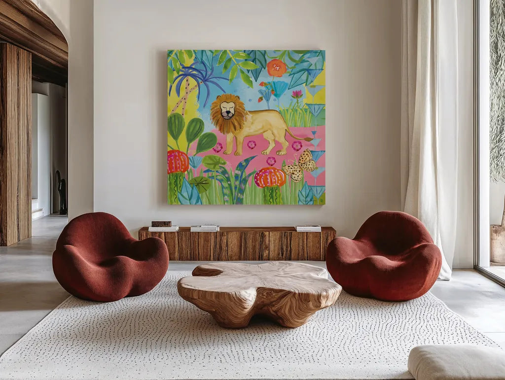 The Big Jungle II by Farida Zaman. Shown as extra-large giant wall art in a modern living room. Available as an archival giclee rolled canvas, fine art paper, or poster print. SKU 39843a.