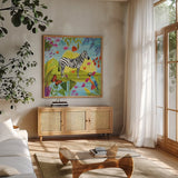 The Big Jungle III by Farida Zaman. Shown in a natural wood frame in a cozy modern living room. Available as an archival giclee rolled canvas, fine art paper, or poster print. SKU 39844a.