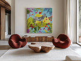 The Big Jungle III by Farida Zaman. Shown as extra-large giant wall art in a modern living room. Available as an archival giclee rolled canvas, fine art paper, or poster print. SKU 39844a.
