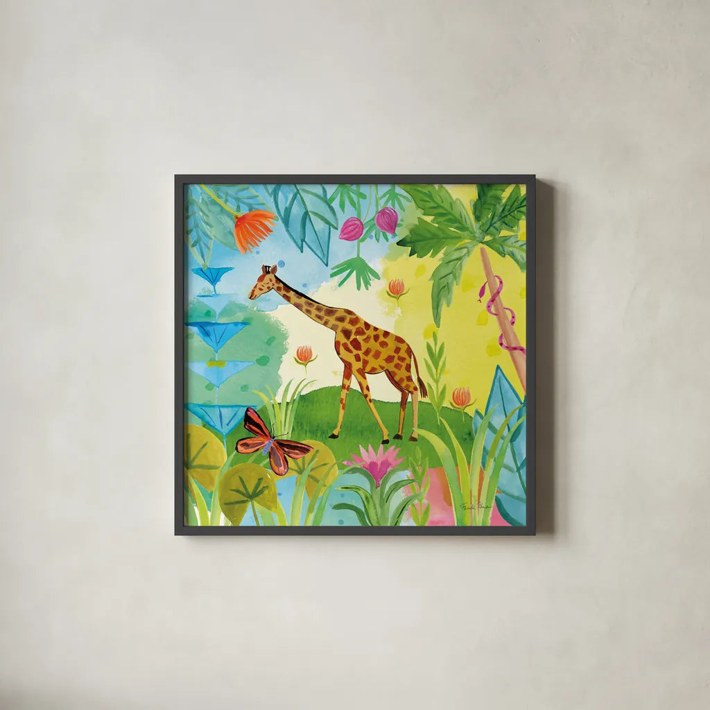 The Big Jungle IV by Farida Zaman. Shown in a sleek black glass frame for a contemporary gallery look. Available as an archival giclee rolled canvas, fine art paper, or poster print. SKU 39845a.