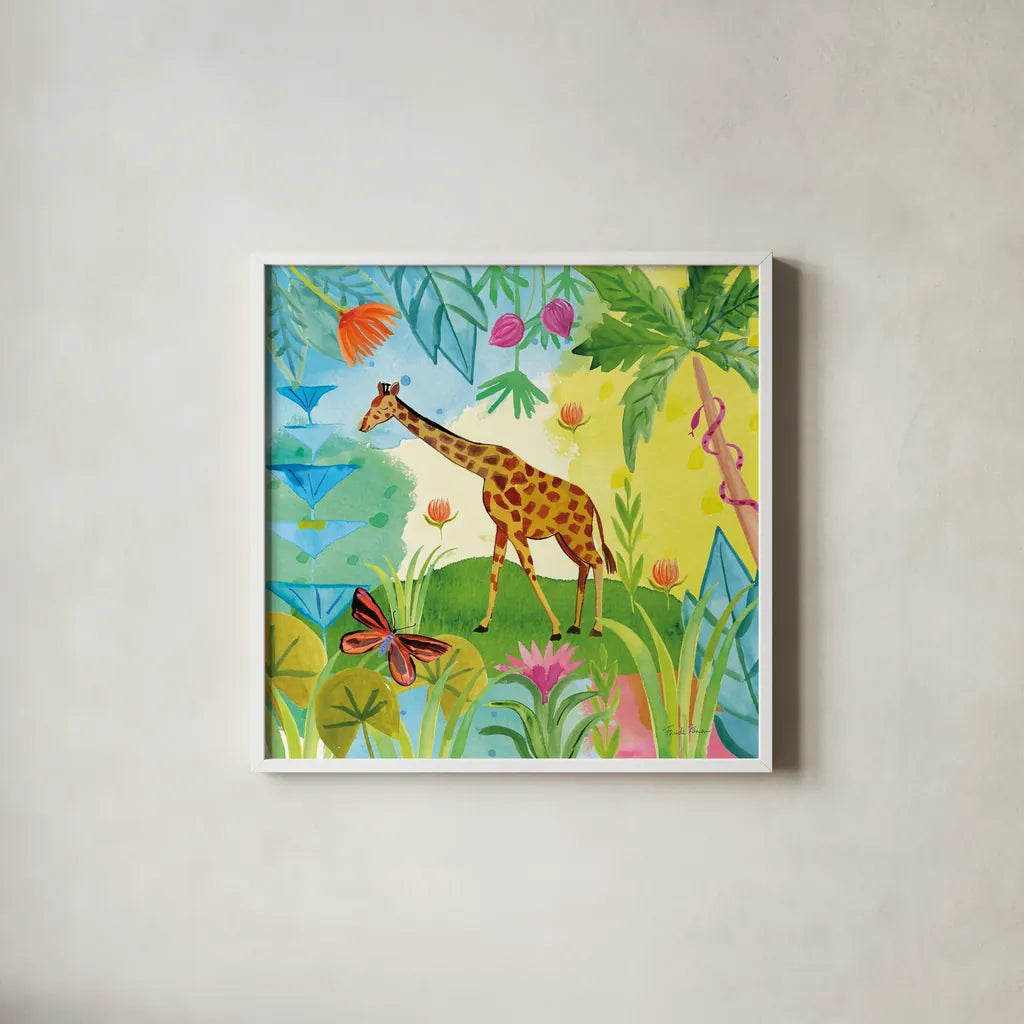 The Big Jungle IV by Farida Zaman. Shown in a crisp white glass frame for a clean and minimalist style. Available as an archival giclee rolled canvas, fine art paper, or poster print. SKU 39845a.