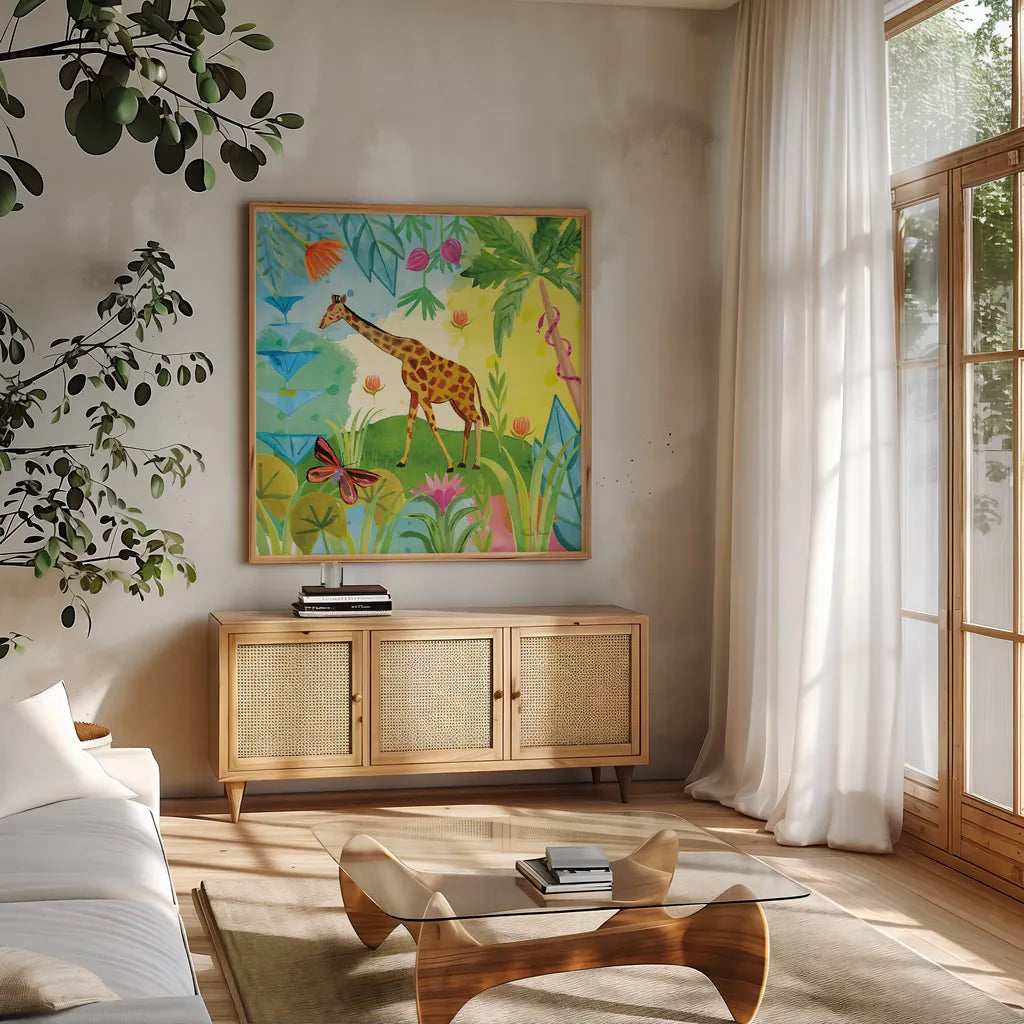 The Big Jungle IV by Farida Zaman. Shown in a natural wood frame in a cozy modern living room. Available as an archival giclee rolled canvas, fine art paper, or poster print. SKU 39845a.