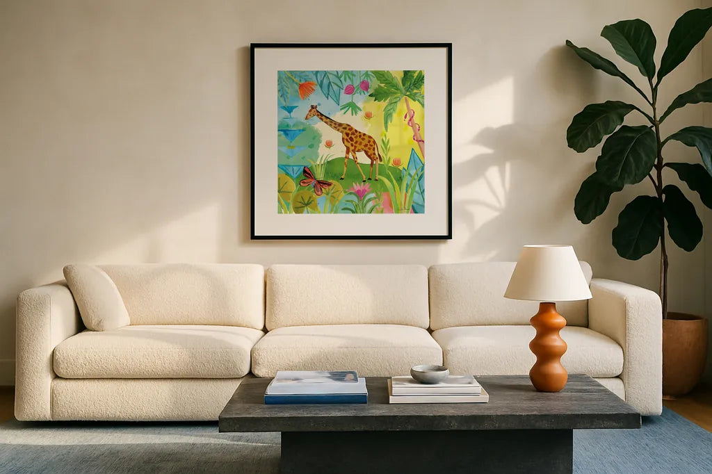 The Big Jungle IV by Farida Zaman. Displayed in a glass frame with matte in a clean modern living room. Available as an archival giclee rolled canvas, fine art paper, or poster print. SKU 39845a.