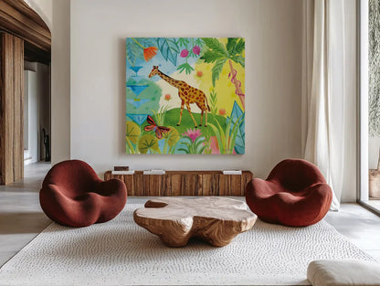 The Big Jungle IV by Farida Zaman. Shown as extra-large giant wall art in a modern living room. Available as an archival giclee rolled canvas, fine art paper, or poster print. SKU 39845a.