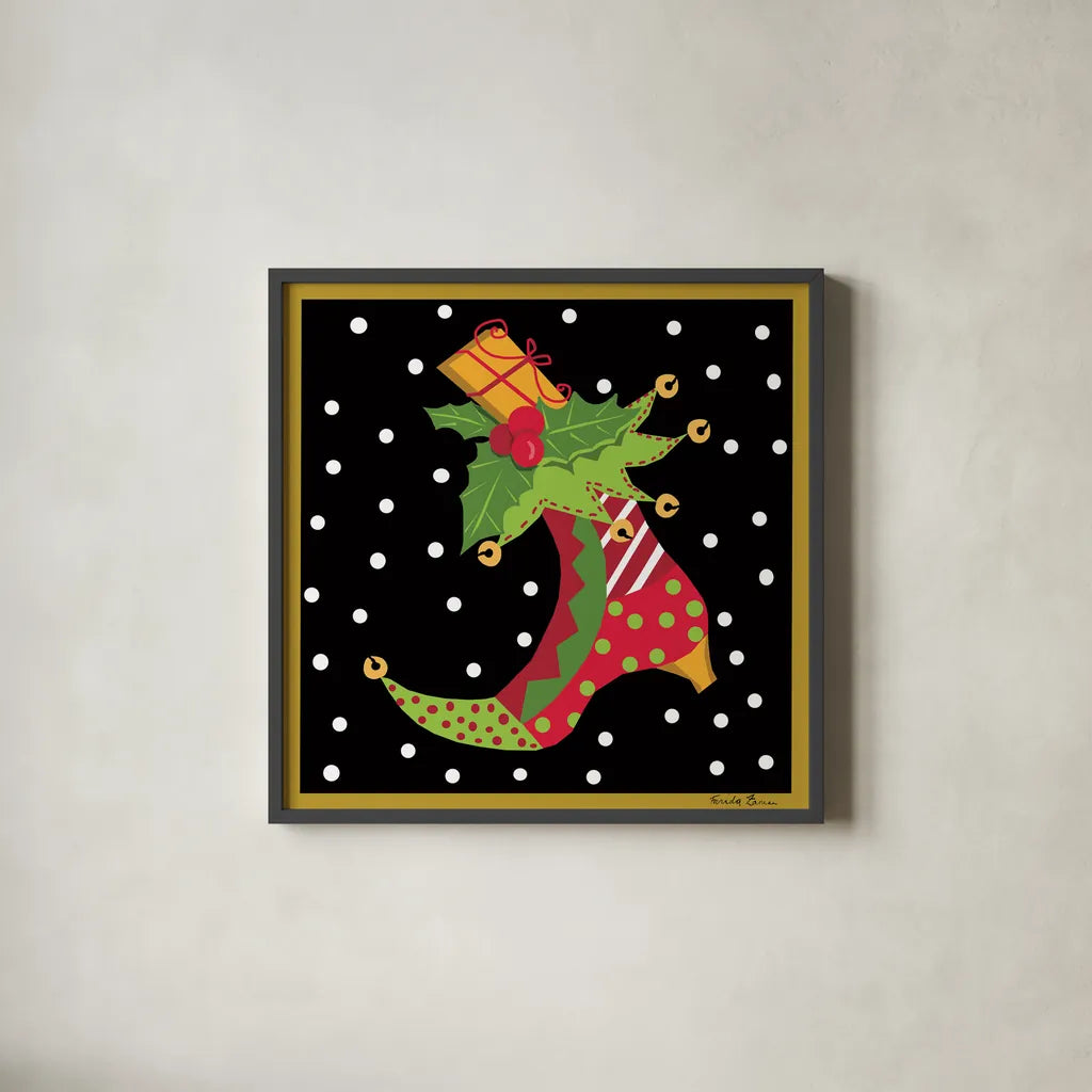 The Night Before Christmas III by Farida Zaman. Shown in a sleek black glass frame for a contemporary gallery look. Available as an archival giclee rolled canvas, fine art paper, or poster print. SKU 33044a.