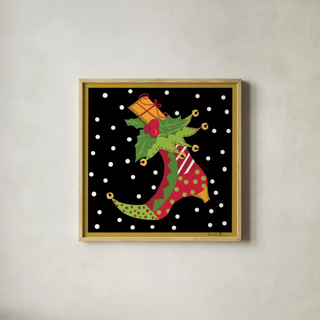The Night Before Christmas III by Farida Zaman. Shown in a natural wood glass frame for a timeless modern aesthetic. Available as an archival giclee rolled canvas, fine art paper, or poster print. SKU 33044a.