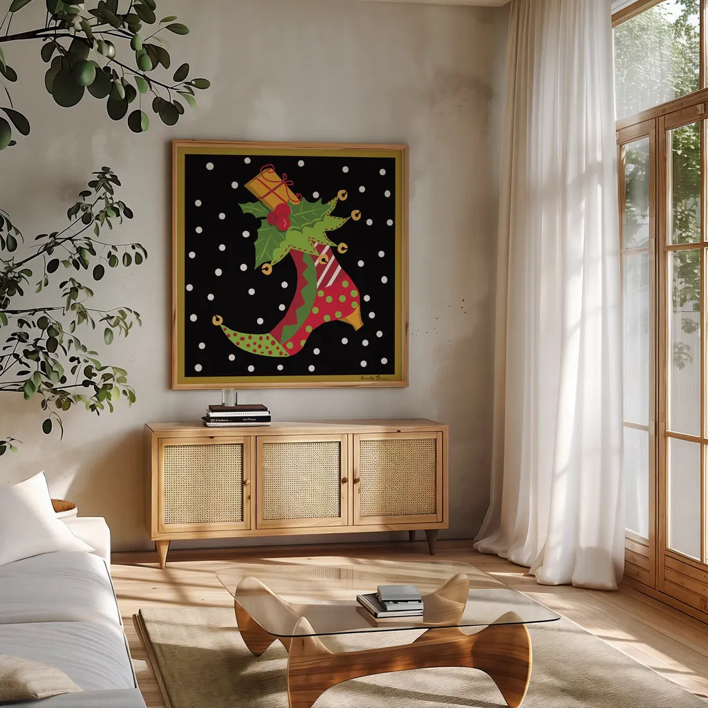 The Night Before Christmas III by Farida Zaman. Shown in a natural wood frame in a cozy modern living room. Available as an archival giclee rolled canvas, fine art paper, or poster print. SKU 33044a.