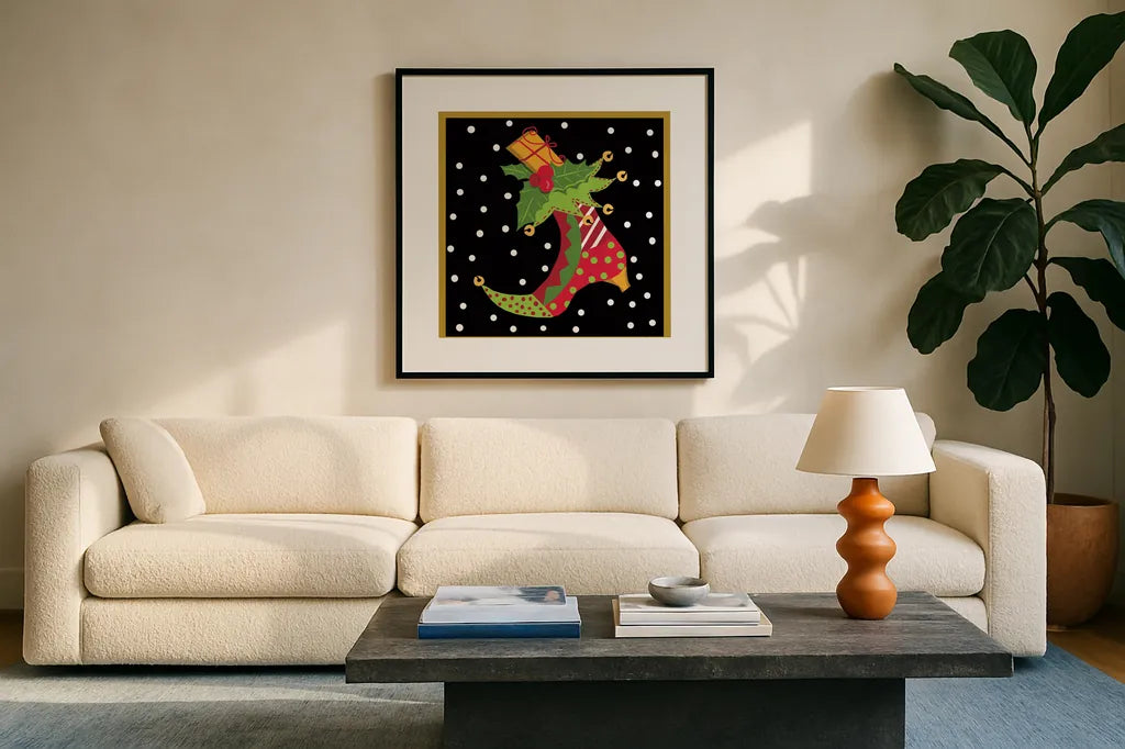The Night Before Christmas III by Farida Zaman. Displayed in a glass frame with matte in a clean modern living room. Available as an archival giclee rolled canvas, fine art paper, or poster print. SKU 33044a.
