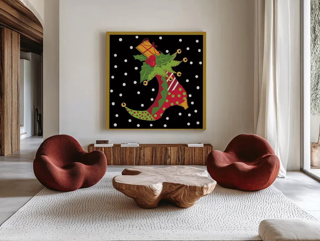 The Night Before Christmas III by Farida Zaman. Shown as extra-large giant wall art in a modern living room. Available as an archival giclee rolled canvas, fine art paper, or poster print. SKU 33044a.